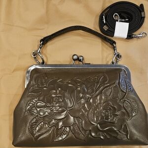 PATRICIA NASH SMALL ELEGANT FLORAL EMBOSSED OLIVE LEATHER BAG